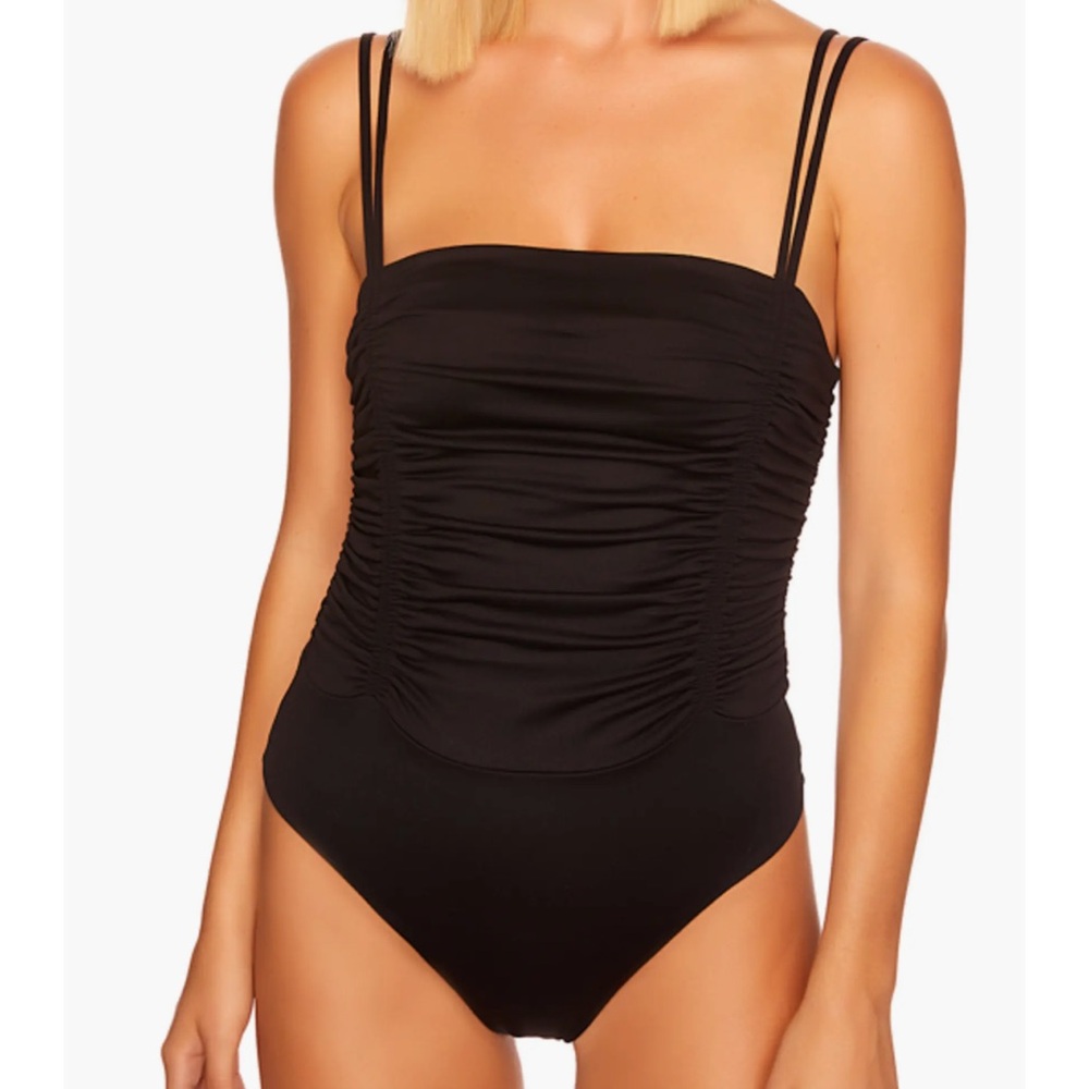 Susana Monaco Square Neck Double String Ruched Thong Bodysuit Black Sz L NWT